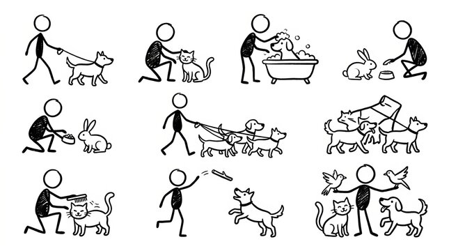 Collection of stick figure illustrations with pets and animals.