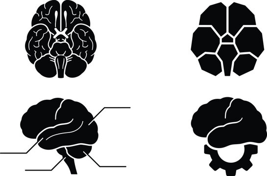 Human Brain Anatomy Silhouette Icon Set Featuring Infographic Infobar Pointers Geometric Low Poly Brain Views and Mechanism Logic Gear Elements for Medical Science