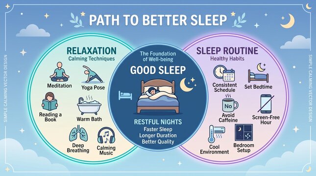 Sleep hygiene infographic for restful nights. Path to better sleep diagram with relaxation and routine tips. Healthy habits for good sleep.