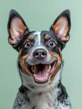 Happy australian cattle dog smiling with open mouth and big eyes