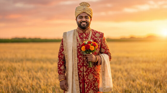 Indian groom in traditional attire holding flowers in a golden field at sunset