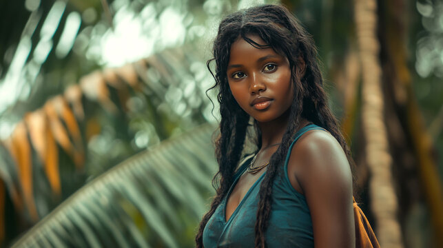 Portrait of a beautiful young woman in a tropical forest