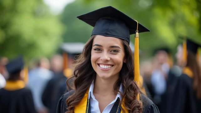The Graduate Smiling Confidently in Cap and Gown at University Commencement Ceremony.