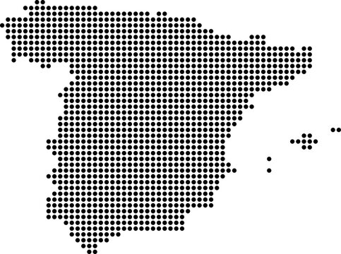 Spain dotted map with circular dot pattern, abstract vector geographic silhouette on blue background