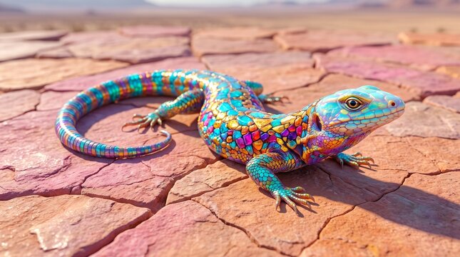 Colorful Iridescent Rainbow Lizard on Cracked Desert Stone, Vivid Jewel-Toned Reptile Macro Wildlife Background