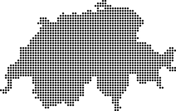 Switzerland dotted map with circular dot pattern, abstract vector geographic silhouette on blue background