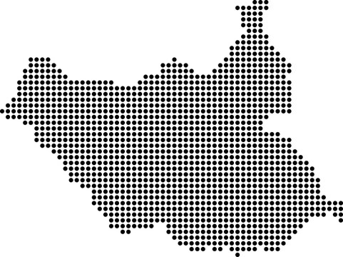 South Sudan dotted map with circular dot pattern, abstract vector geographic silhouette on blue background