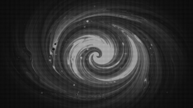 Spiral galaxy illustration rendered in monochrome halftone dots for scientific presentation.