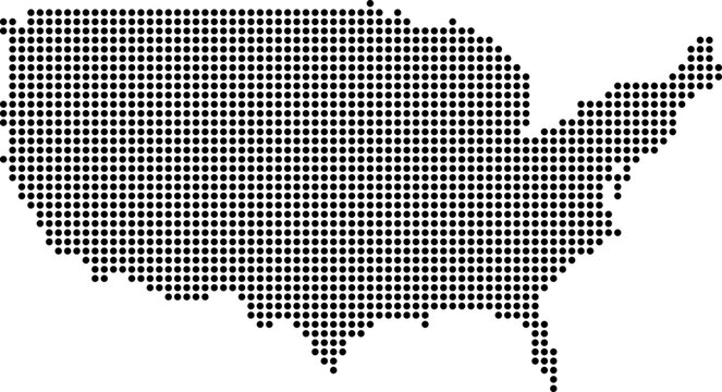 United States of America dotted map with circular dot pattern, abstract vector geographic silhouette on blue background
