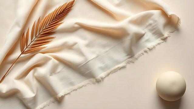 Raw‑cut hemline fabric with dried palm leaf and ceramic sphere, texture and simplicity concept