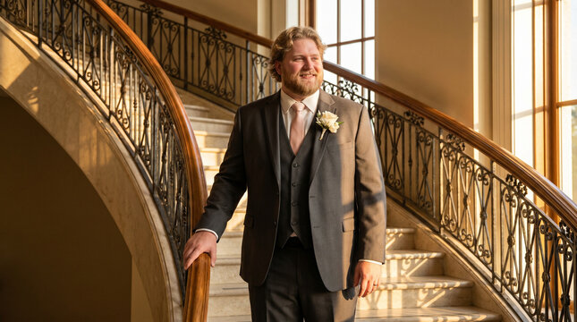 Plus-size groom standing confidently on a staircase, embodying elegant style and body positivity