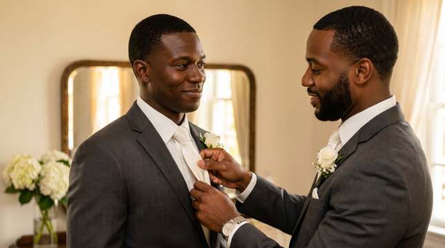 African American groom and best man adjusting tie, joyful moment of friendship, wedding preparation backdrop