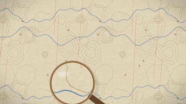 Topographic map with magnifying glass. 2d animation