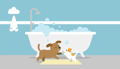 Naklejka premium Happy puppy and playful kitten jump around on a bath mat in front of a white tub filled with soap bubbles in a decorated blue bathroom.