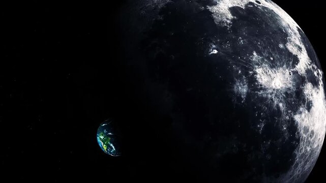 Large moon in the foreground with earth seen small in the distance against a dark space background