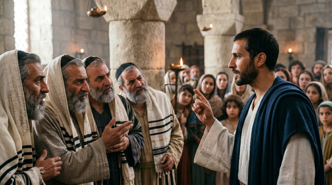 Saul debating with the Jewish leaders in the synagogue. Saul debating Jewish leaders with passion in a synagogue filled with onlookers. Biblical scene.