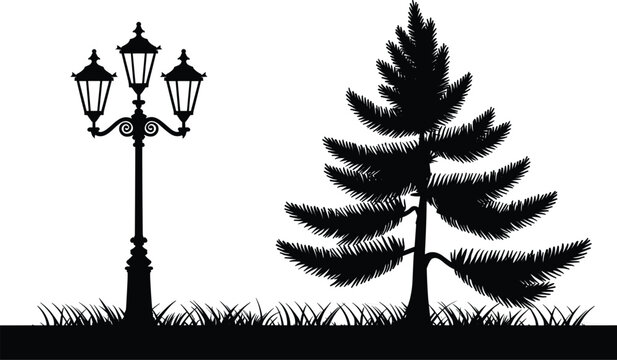 A black silhouette of a three-headed ornate street lamp positioned next to a large evergreen pine tree on a grassy ground area, isolated on a white background
