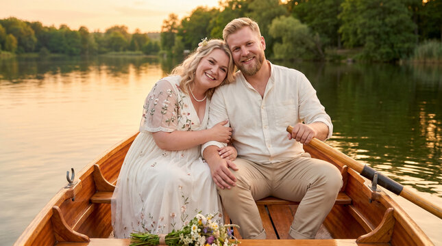 Plus-size couple, happy and relaxed, enjoying a romantic boat ride on a serene lake at sunset