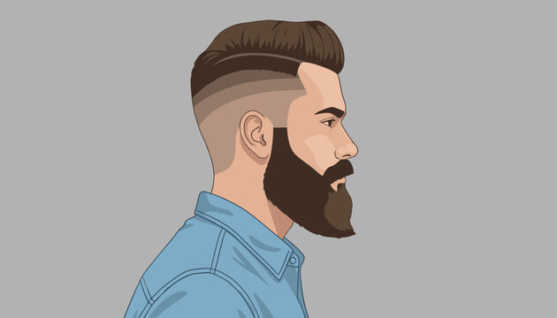 Profile view of a man showing a detailed undercut hairstyle and dense brown beard while wearing a blue collared shirt on grey backdrop.