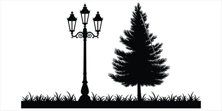 A black silhouette of a classic three-headed street lamp standing next to a large evergreen pine tree on a grassy ground area, isolated on a white background