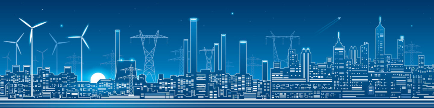 Panoramic energy and industrial city skyline with wind turbines, power transmission towers, factories and modern buildings in blue line art style.