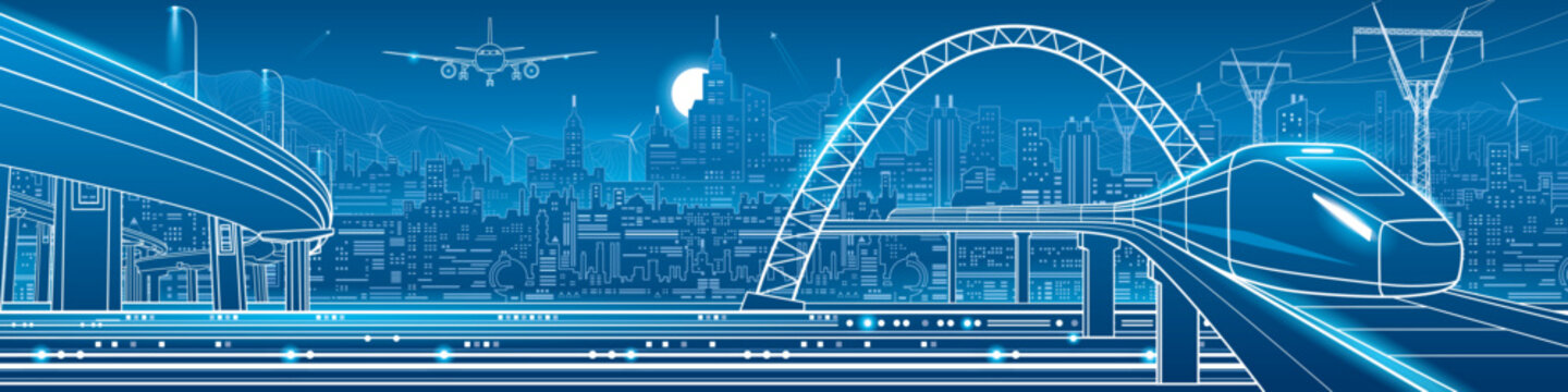Futuristic smart city panorama with high speed train, modern transport infrastructure, power grid, wind energy, airplane and urban skyline in blue line art.