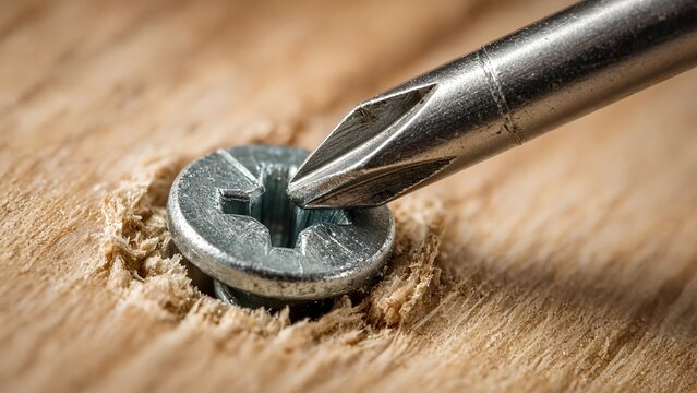 Macro shot of a metal phillips head screwdriver engaging a steel screw, with the sharp screw being driven firmly into natural wood plank texture, focusing heavily on the tip and threads