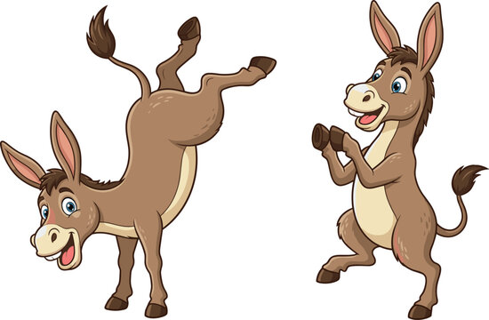 Funny Brown Donkey Cartoon Characters Set with Playful Hind Leg Kick and Standing on Two Legs Poses for Farm Animal Mascot Vector Illustration