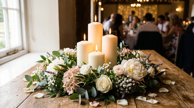 Wedding decoration with candles and flowers set on a table in an elegant reception setting