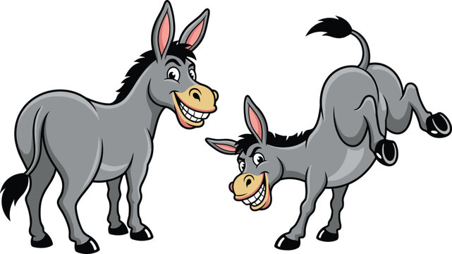 Funny Grey Donkey Cartoon Characters Set with Smiling Standing Pose and Playful Kicking Back Legs Position for Farm Animal Mascot Design Vector Illustration