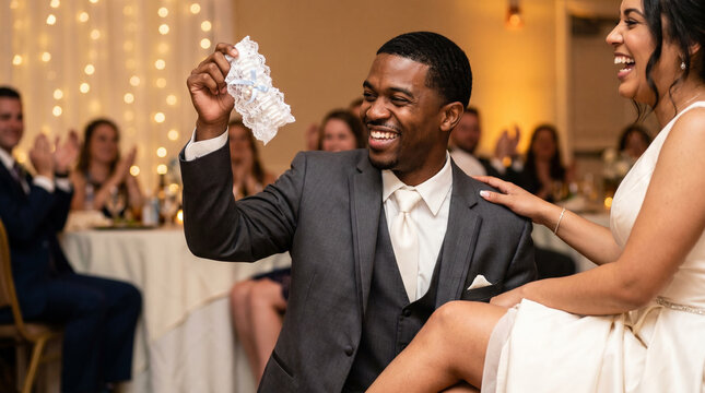 Wedding garter moment, side angle view of a African American  groom holding the garter, concept of playful wedding tradition and romantic celebration, a groom holding up the wedding