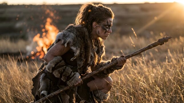 Primitive tribal huntress holding a wooden spear while crouching in a field at sunset with campfire