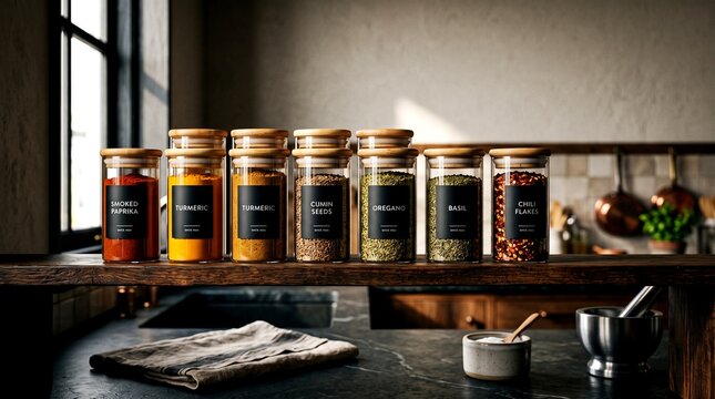 Organized glass spice jars with black minimalist labels on a wooden shelf in a rustic modern kitchen interior under soft natural light