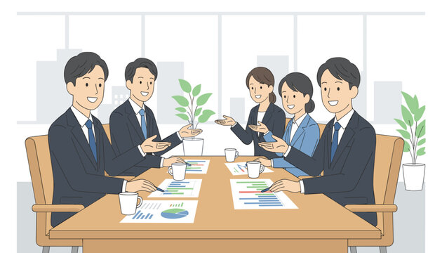 Group of professional business colleagues sits around a table in a bright conference room reviewing sales charts and financial reports.