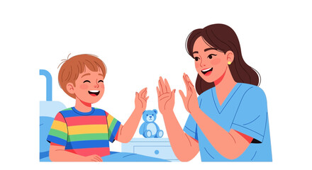 Fototapeta premium A happy young boy plays a clapping game with his caregiver
