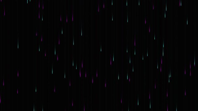 Abstract Glowing Neon Rain Falling Streaks Dark Background 4K Motion Video