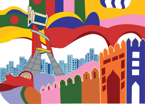 Bangladesh independence day vector illustration with landmarks and dhaka skyline. Colorful abstract collage featuring national martyrs memorial, lalbagh fort, and waving bangladeshi flag elements