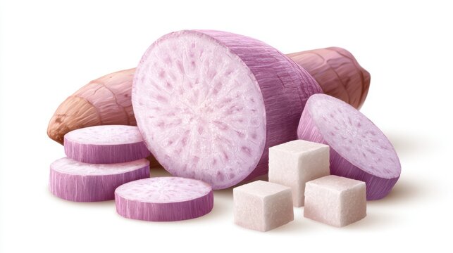 Fresh taro root and a half slice isolated on white background,seamless pattern taro,Sliced taro root vegetable,healthy food concept.