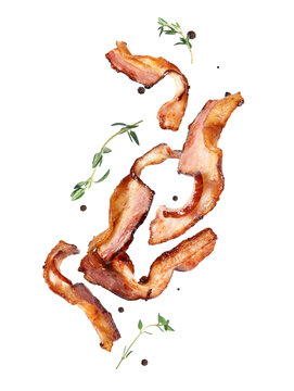 Fried sliced ​​bacon rashers in the air close-up on a white background