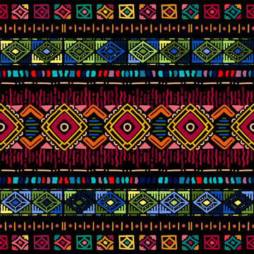 African ethnic vector seamless pattern. Geometric abstraction inspired by the peoples of Africa. Spiral, dot, line. Vibrant Covers with tribal motifs. Multicolored zigzag border. 