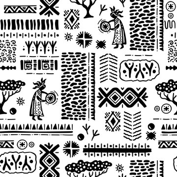 African ethnic vector seamless pattern. Geometric abstraction inspired by the peoples of Africa. Spiral, dot, line. Vibrant Covers with tribal motifs. Multicolored zigzag border. 