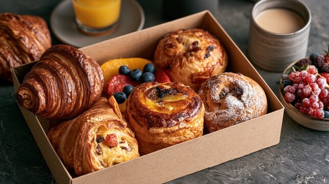 Luxury breakfast box with gourmet pastries, elegant brunch concept, high-end dining. 