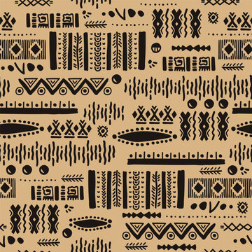African ethnic vector seamless pattern. Geometric abstraction inspired by the peoples of Africa. Spiral, dot, line. Vibrant Covers with tribal motifs. Multicolored zigzag border. 