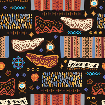 African ethnic vector seamless pattern. Geometric abstraction inspired by the peoples of Africa. Spiral, dot, line. Vibrant Covers with tribal motifs. Multicolored zigzag border. 
