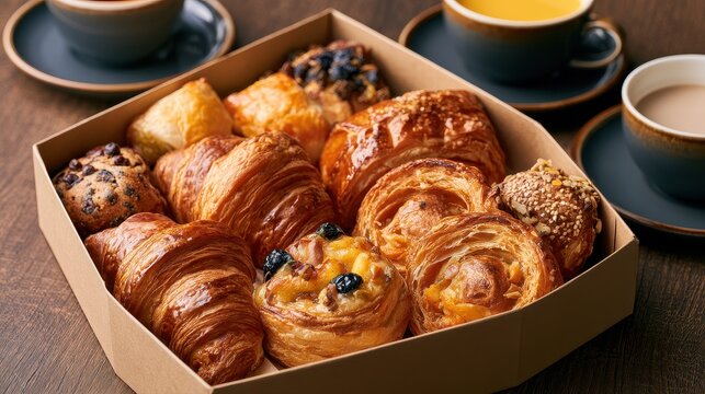 Luxury breakfast box with gourmet pastries, elegant brunch concept, high-end dining. 