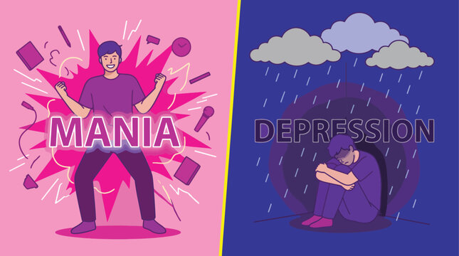 comparing the two phases of bipolar disorder, featuring an energetic mania state and a sad depressive state.