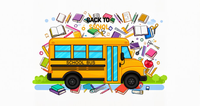 School bus, back to school concept illustration with icons of supplies and books. Vector background design

