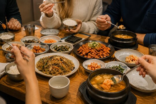 Friends enjoying traditional korean food together at restaurant