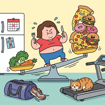 A humorous vector illustration showing the struggle between healthy vegetables and tempting fast food, symbolizing diet balance, weight management, and healthy lifestyle choices