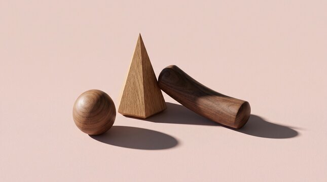 Minimalist wooden geometric shapes on pink background, natural wood sphere and pyramid, abstract still life with hard shadows